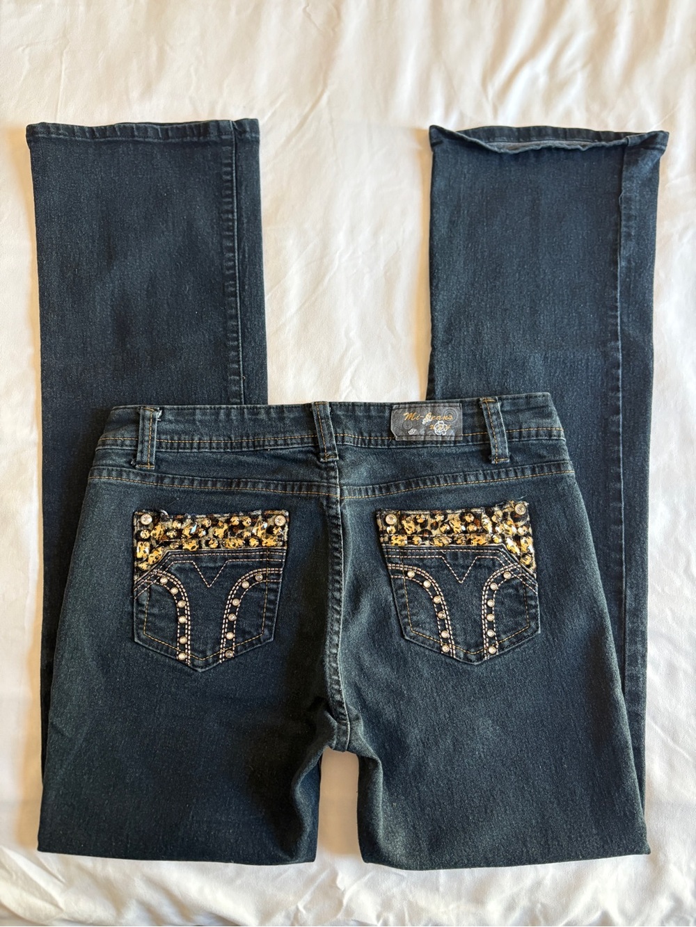 Mi-Jeans Black Bootcut Jeans Cheetah Print Rhinestone Pocket Bling Y2K Rockstar